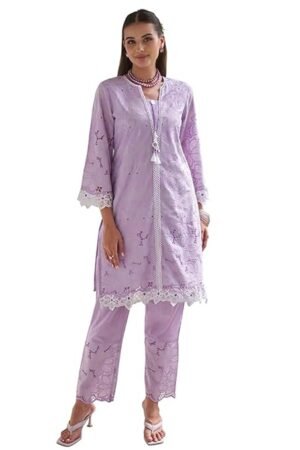Lavender Ribbed Knit Co-Ord Set – Elegant Long Sleeve Top & Midi Skirt with Belt