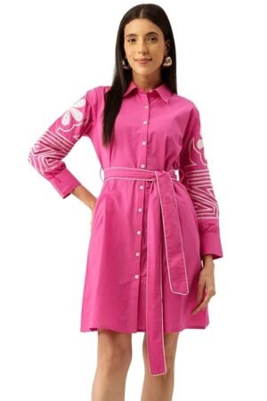 Women Embroidery 3/4th Sleeve Solid Pink Button Down Midi Dress with Belt | Casual One Piece | Summer Outfit
