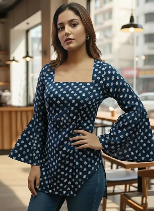 Women’s Printed Blue Kurti Top | Stylish Square Neck Casual Kurti for Women - Image 4