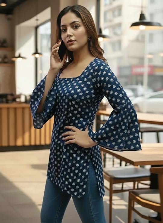 Women’s Printed Blue Kurti Top | Stylish Square Neck Casual Kurti for Women - Image 3