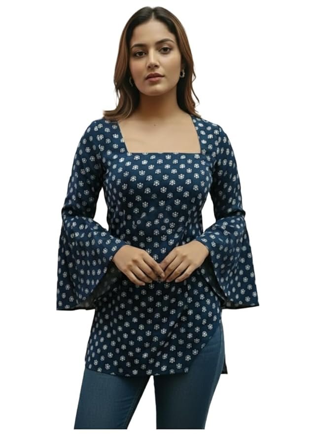 Women’s Printed Blue Kurti Top | Stylish Square Neck Casual Kurti for Women