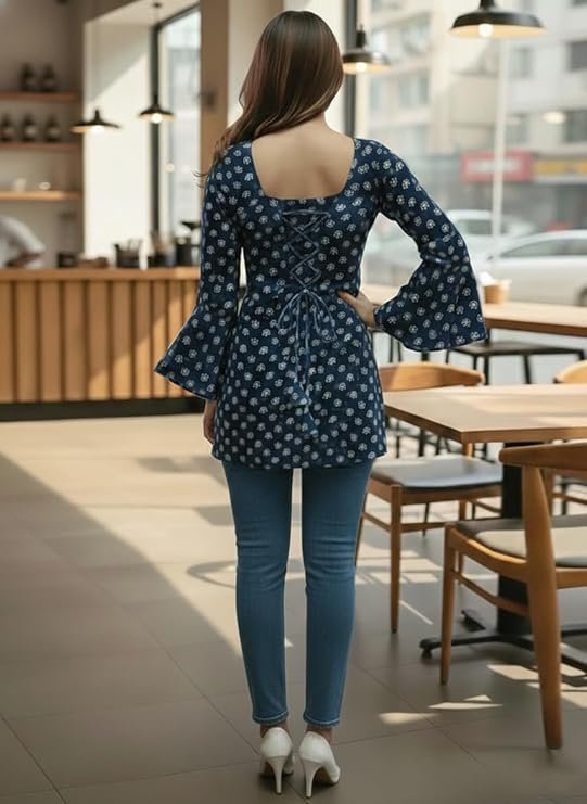 Women’s Printed Blue Kurti Top | Stylish Square Neck Casual Kurti for Women - Image 6