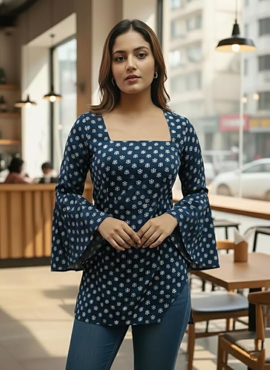 Women’s Printed Blue Kurti Top | Stylish Square Neck Casual Kurti for Women - Image 5