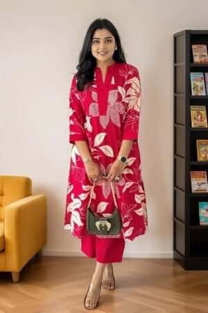 Women’s Red Floral Kurta Set | Stylish Casual Ethnic Wear Kurti Palazzo for Women