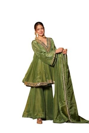 Luxury Olive Green Mirror Work Sharara Suit Set for Women | Festive & Wedding Wear