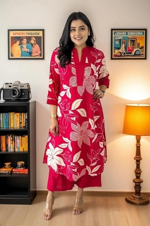 Women’s Red Floral Kurta Set | Stylish Casual Ethnic Wear Kurti Palazzo for Women - Image 4