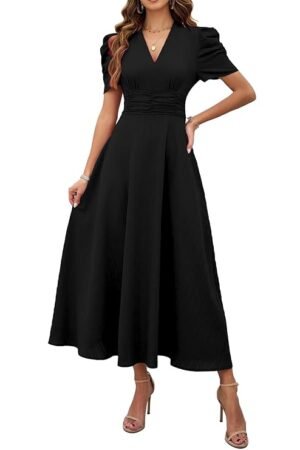 Girl's & Women's Solid Color V-Neck A-Line Maxi Dress for Women | New Year Party Outfit