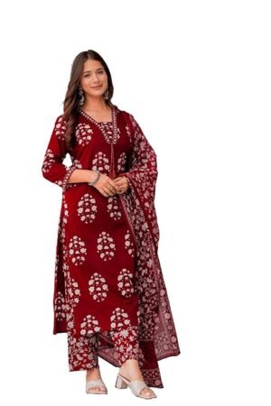 Women's Pure Cotton Printed Straight Kurta Set with Palazzo Pants & Dupatta