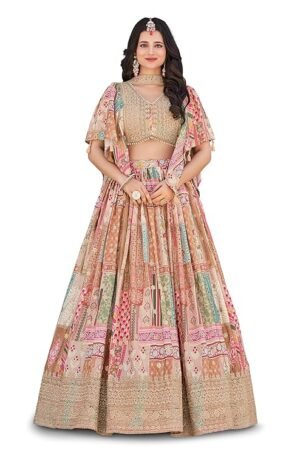 Women's Digital Print With Zari Dori Embroidery Work Chinnon Silk Lehenga Choli With Dupatta