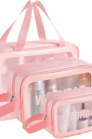 Waterproof Makeup Pouch Bag for Women Travel Kit Washbag Pink Faux Leather, Traveling Cosmetics, Brushes & Accessories Box Toiletry Organiser with Clear Window