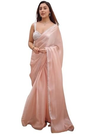 Blush Pink Organza Saree with Sequined Border & Designer Blouse | Elegant Party Wear Saree