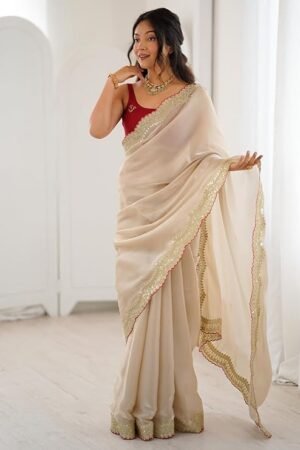 Elegant Ivory Saree with Gold Embroidered Border & Red Blouse | Timeless Ethnic Wear