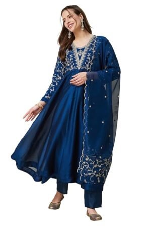 Elegant Navy Blue Embroidered Anarkali Suit Set with Dupatta | Party & Festive Wear