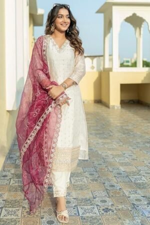 White Embroidered Kurta Pant Set for Women with Pink Organza Dupatta | Designer Ethnic Wear Suit Set