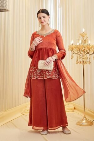 Rust Orange Embroidered Kurta Palazzo Set for Women with Dupatta | Festive & Party Wear Ethnic Suit