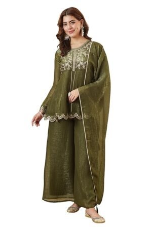 Elegant Olive Green Embroidered Kurta Palazzo Set with Dupatta | Festive & Party Wear