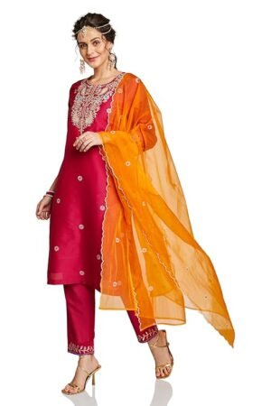 Magenta Pink Embroidered Kurta Pant Set with Orange Dupatta | Festive & Ethnic Wear