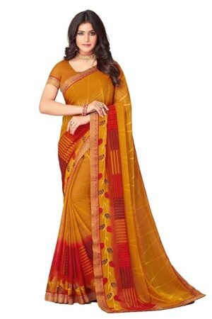 Mustard Yellow Printed Saree with Red Border & Designer Blouse | Traditional Festive Wear Saree
