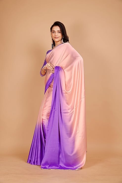 Peach Purple Ombre Satin Saree for Women | Designer Gradient Party Wear Saree - Image 2