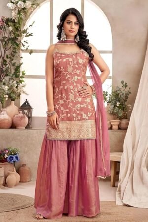 Dusty Rose Embroidered Sharara Suit Set with Dupatta | Designer Festive & Party Wear Ethnic Set