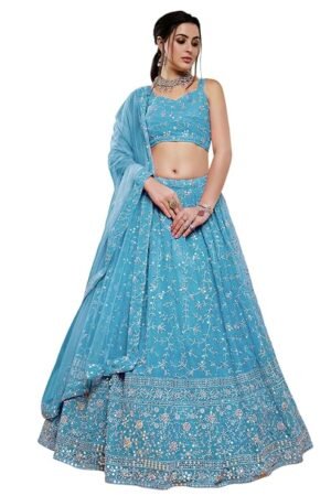 Sky Blue Embroidered Lehenga Choli with Dupatta | Designer Wedding & Party Wear Lehenga Set