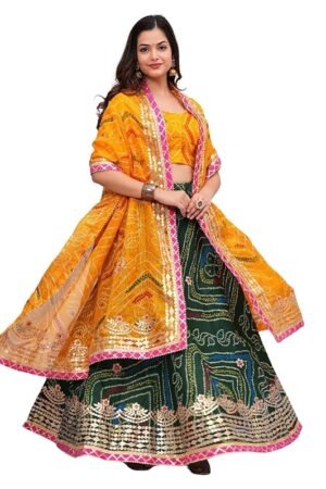 Yellow & Green Bandhani Printed Lehenga Choli with Jacket | Traditional Navratri & Festive Wear Lehenga