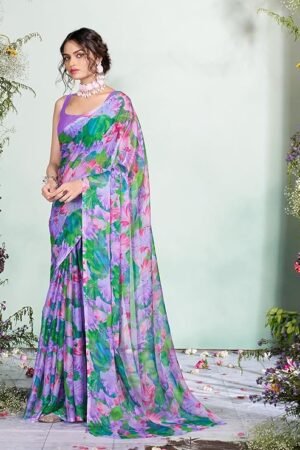 Lavender Floral Printed Saree for Women | Elegant Designer Party & Casual Wear Saree
