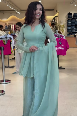 Women's Mint Green Palazzo Suit Set with Dupatta | Designer Peplum Kurta Ethnic Set
