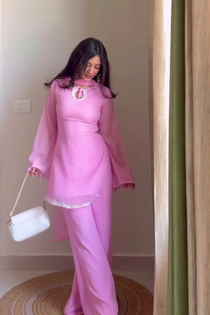 Pastel Pink Kurta Palazzo Set for Women | Designer Bell Sleeve Ethnic Co-Ord Set