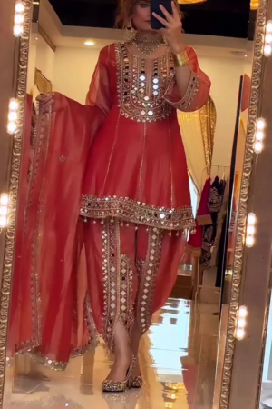Coral Red Mirror Work Kurta Pant Set for Women with Dupatta | Designer Festive & Wedding Wear Suit